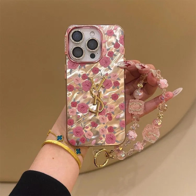 满屏粉玫瑰水波纹适用苹果16promax手机壳iphone15/14/13/12链条