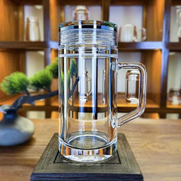东海原石水晶玻璃杯高端办会议密封把手水杯水晶玻璃茶杯办公室