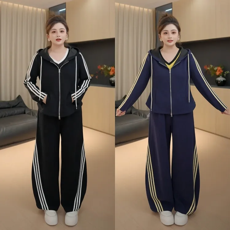 【胖佳佳】现货~风靡时常 时尚显瘦条纹外套长裤两件套H625A13026