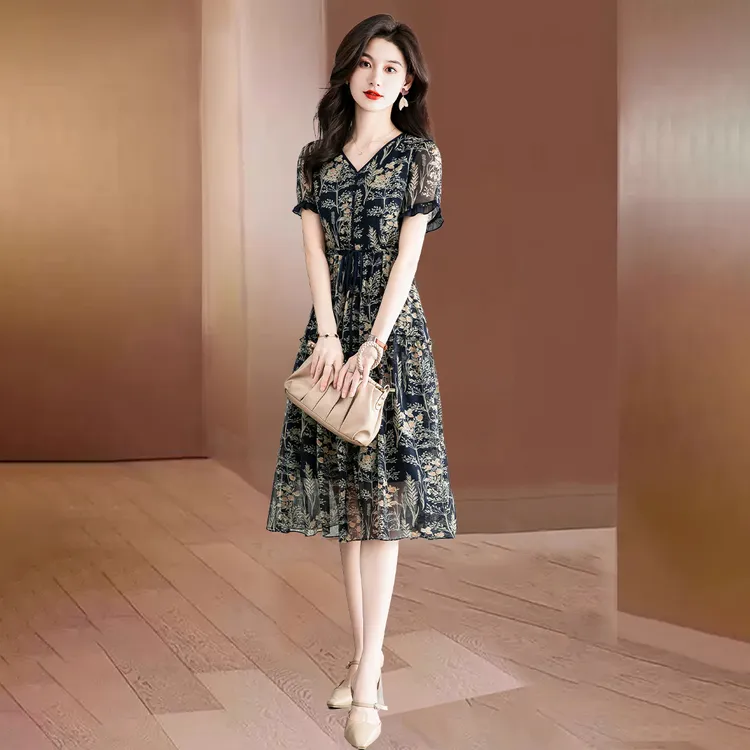 【可蓓儿】碎花雪纺女装连衣裙2025新款夏气质名媛高端小个子妈妈装