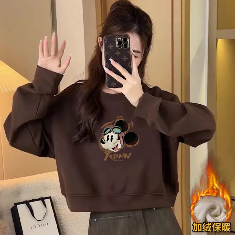 春秋冬季显瘦洋气2025新款华棉圆领外套女士加绒加厚大码短款卫衣