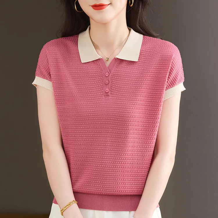 天丝100%翻领短袖纯色洋气宽松休闲针织T恤夏季简约套头百搭时尚
