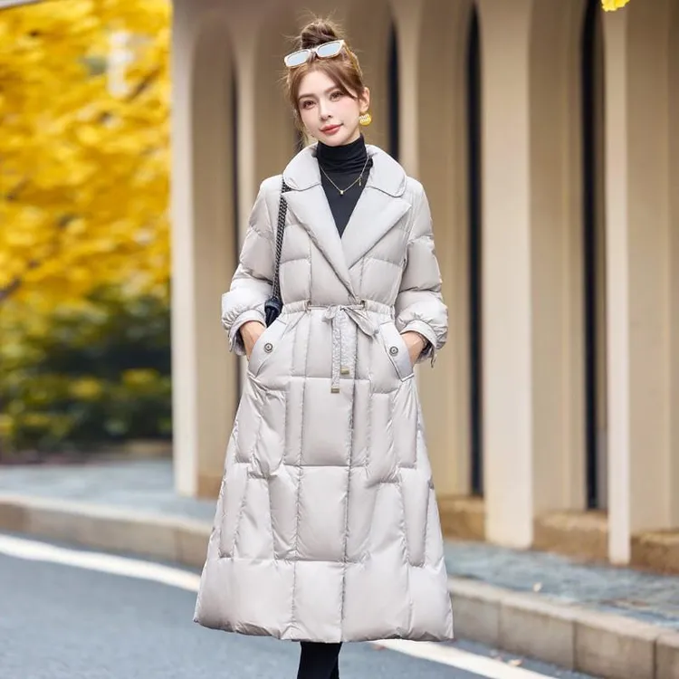 DUCURNO高端收腰羽绒服女冬季2025新款时尚连帽加厚长款过膝外套