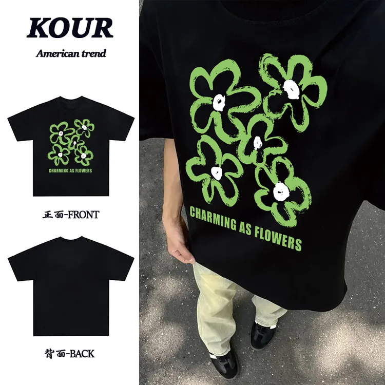 美式高街复古涂鸦英文花卉印花上衣重磅纯棉宽松百搭夏季短袖T恤