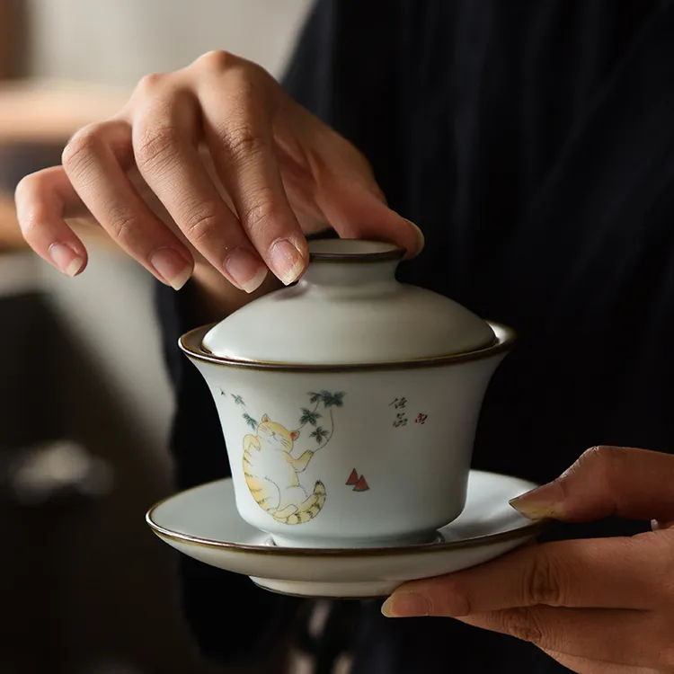 国潮主人杯汝窑三才盖碗茶具复古汝瓷开片茶杯茶具配件