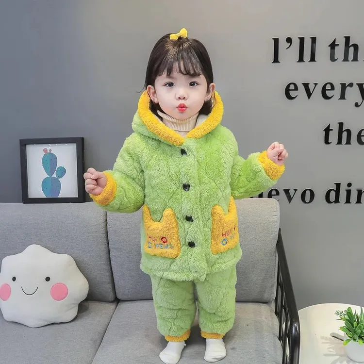 儿童睡衣女童冬季法兰绒加绒加厚款三层夹棉宝宝珊瑚绒家居服棉袄