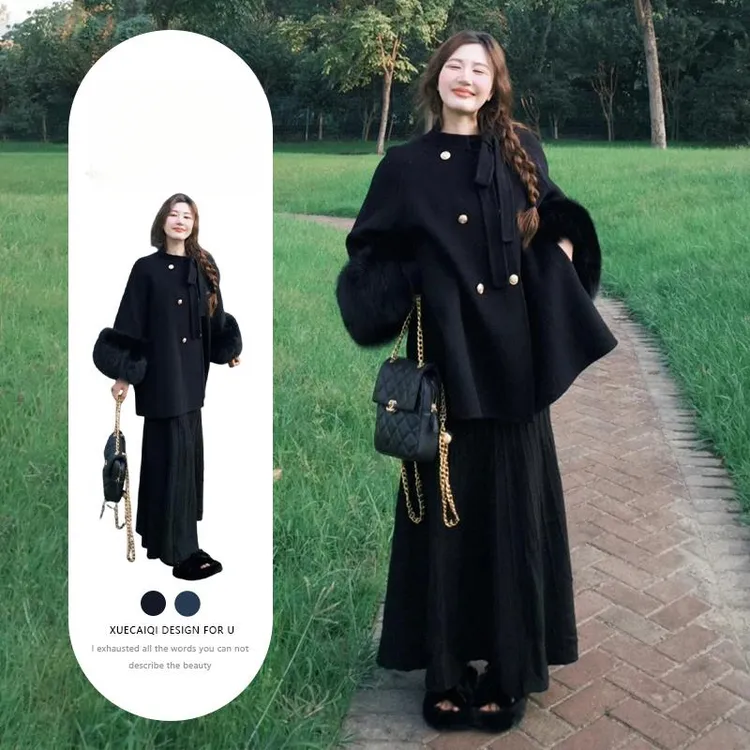 韩系轻奢冬季穿搭一整套装女微胖mm高级感皮毛拼接外套裙子两件套