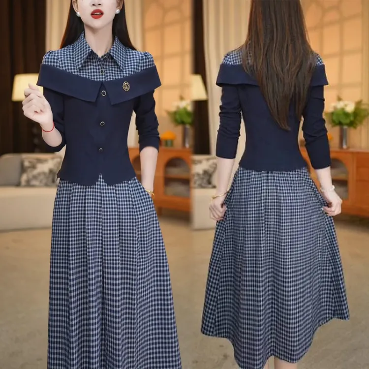 时尚休闲套装女2025秋季新款洋气显瘦假两件格子上衣半身裙两件套
