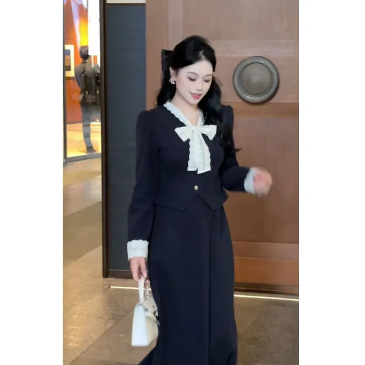 【鸳鸯梦】秋季法式高端精致大码显瘦时尚气质蝴蝶结系带上衣+半裙