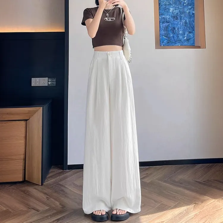 白色天丝亚麻休闲阔腿裤女夏季薄款高腰宽松显瘦垂感直筒拖地裤子