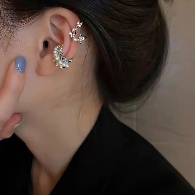 铜合金亚克力耳饰镶锆石珍珠蝴蝶结耳夹女轻奢设计感重工超仙耳骨