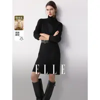 ELLE女装绵羊毛拼接连衣裙2025冬季新款通勤优雅中裙子EL53160