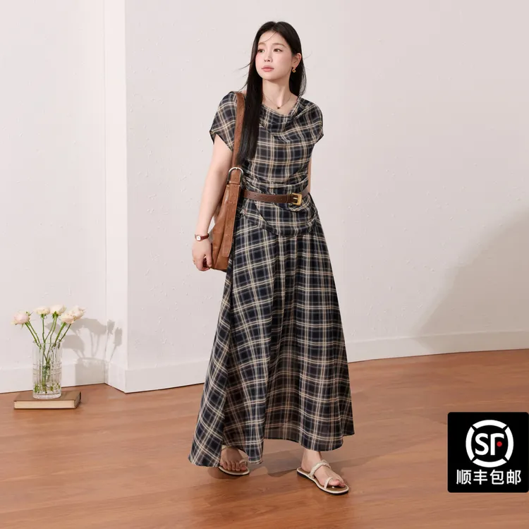 蓝语大码女装经典复古优雅格纹套装女25秋荡领上衣高腰半身摆裙