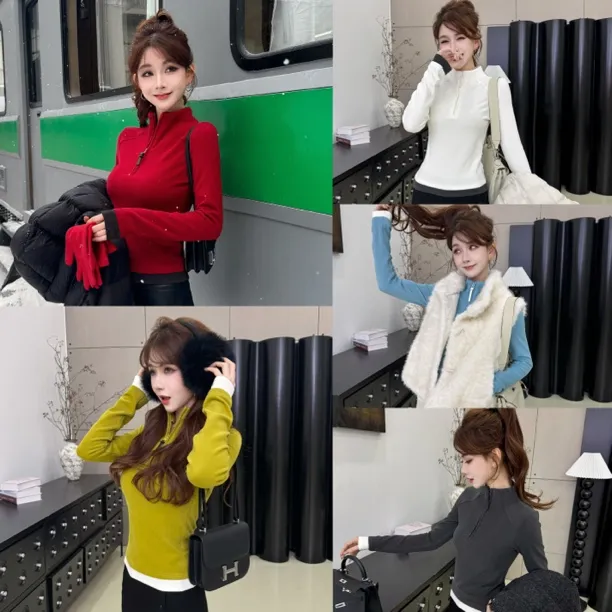 【小蛮腰37°】德绒暖T！显瘦正肩半拉链撞色上衣长袖