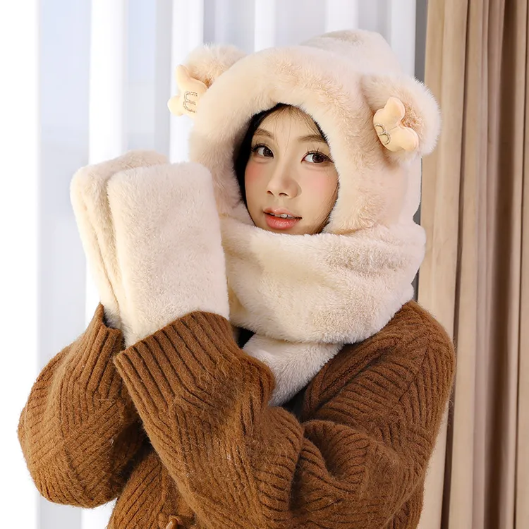 女士冬季帽子围巾手套三件套可爱帽子围巾一体保暖帽子围脖防寒