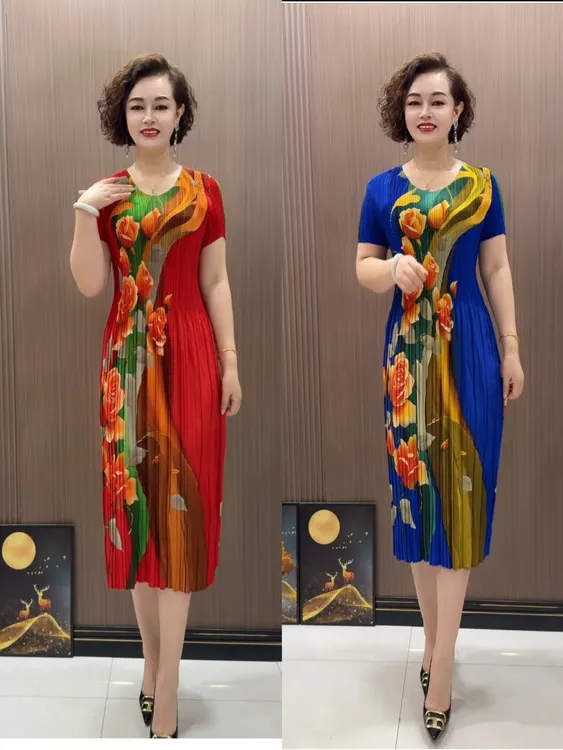 Ly时尚洋气宽松印花气质显瘦遮肚民族风褶皱夏季连衣裙