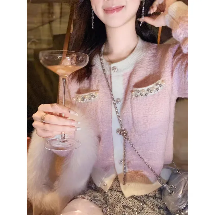 小香风蓝白肌理感撞色针织开衫女春秋新款软糯钉珠毛衣外套上衣女