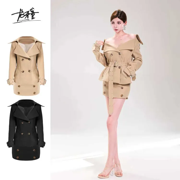 龙牙童推荐【三穿风衣】秋季气质韩版复古风衣套装百搭收腰英伦风