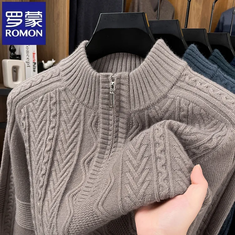 罗蒙纯色提花半拉链立领长袖毛衣秋冬季宽松套头加厚中年针织衫男