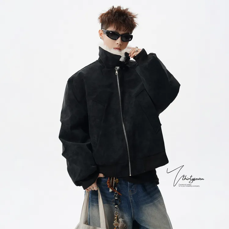 V37美式潮牌痞帅毛领皮衣棉服男款冬季新款时尚夹克宽松保暖棉衣