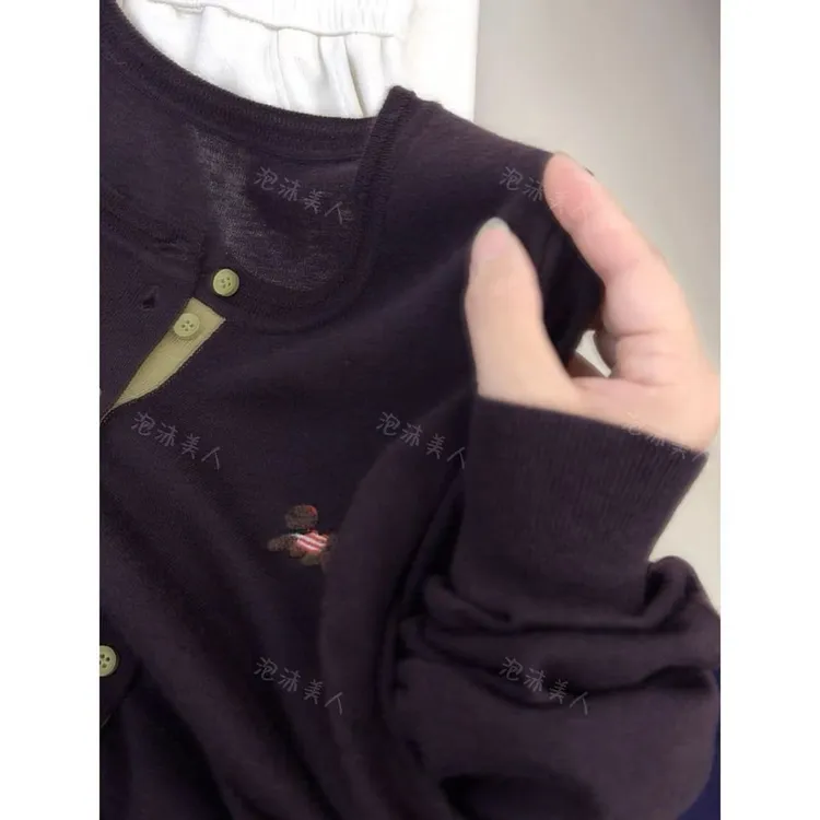 葡萄紫红小狗」毛巾绣花！薄款显瘦圆领针织开衫女毛衣25早秋新款
