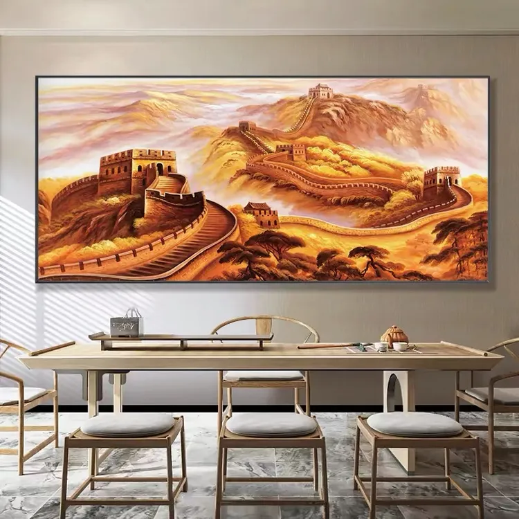 万里长城办公室茶室挂画背景墙装饰画高端中式晶瓷客厅沙发背景画