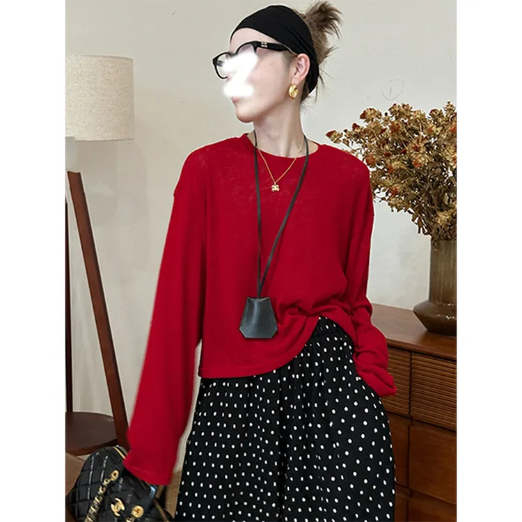 早秋女装2025新款松弛感红色长袖T恤女韩系慵懒风宽松打底衫上衣