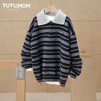 现货【条纹轻奢毛衣】男童秋冬季宽松翻领领针织衫上衣中大童洋气