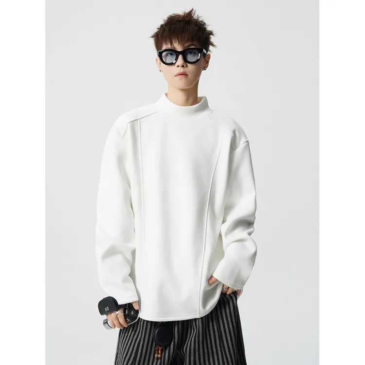 解构拼接半高领德绒打底衫男款冬季保暖内搭上衣美式正肩长袖T恤