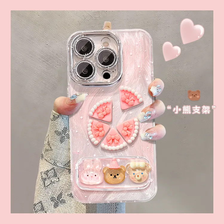 小熊镜面支架适用苹果15vivo华为oppo小米iPhone16精孔羽纱手机壳