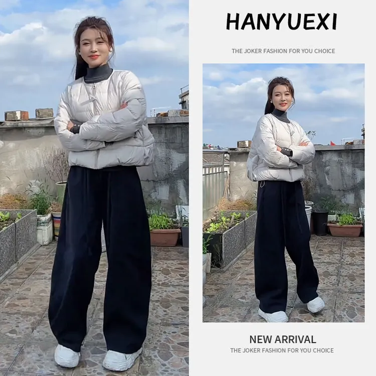 流行穿搭一整套2025新款时尚高领打底衫圆领棉服外套休闲裤三件套