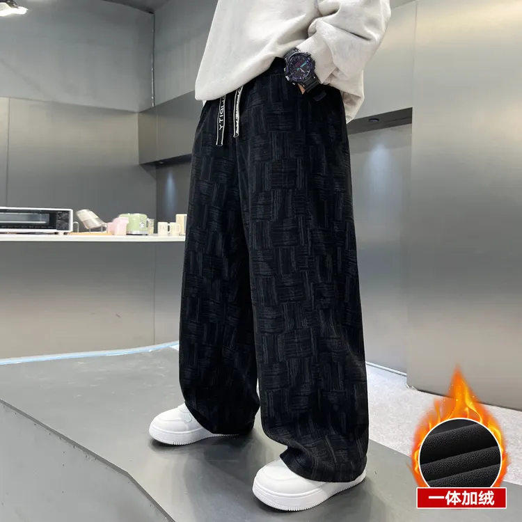 男童加绒裤子秋冬儿童一体绒冬季痞帅男大童初中生宽松直筒休闲裤