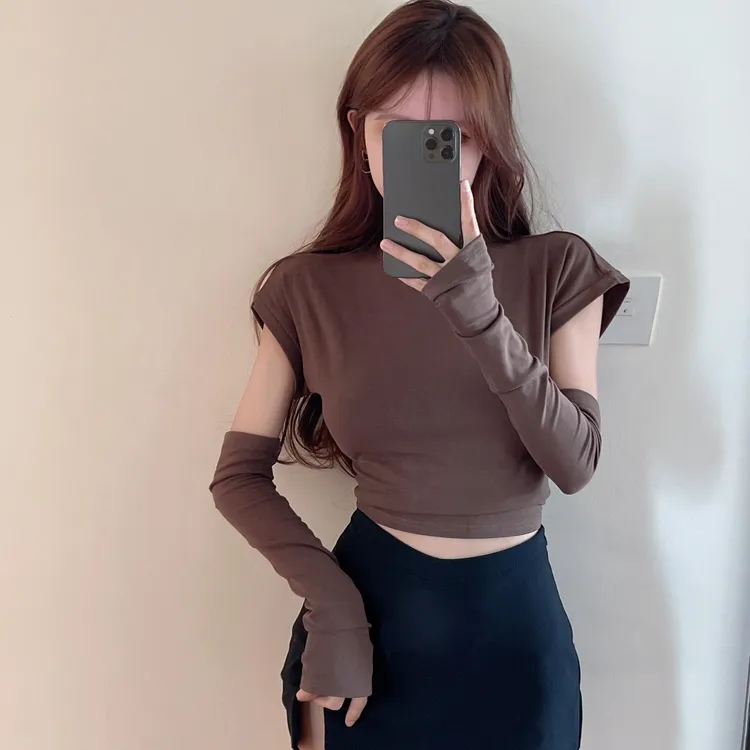 早秋新款辣妹半高领修身长袖恤女带袖套设计感镂空短款上衣