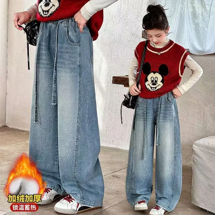 【高品质～烫钻款】年款女童牛仔裤加绒加厚阔腿裤满天星弯刀裤