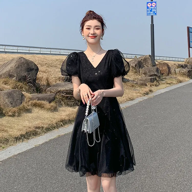 高级感两面穿细闪网纱连衣裙女春夏新款穿搭小个子气质修身小黑裙