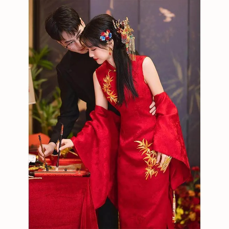 秋冬手工钉珠新中式新娘旗袍年轻订婚结婚敬酒新娘高贵红色礼服