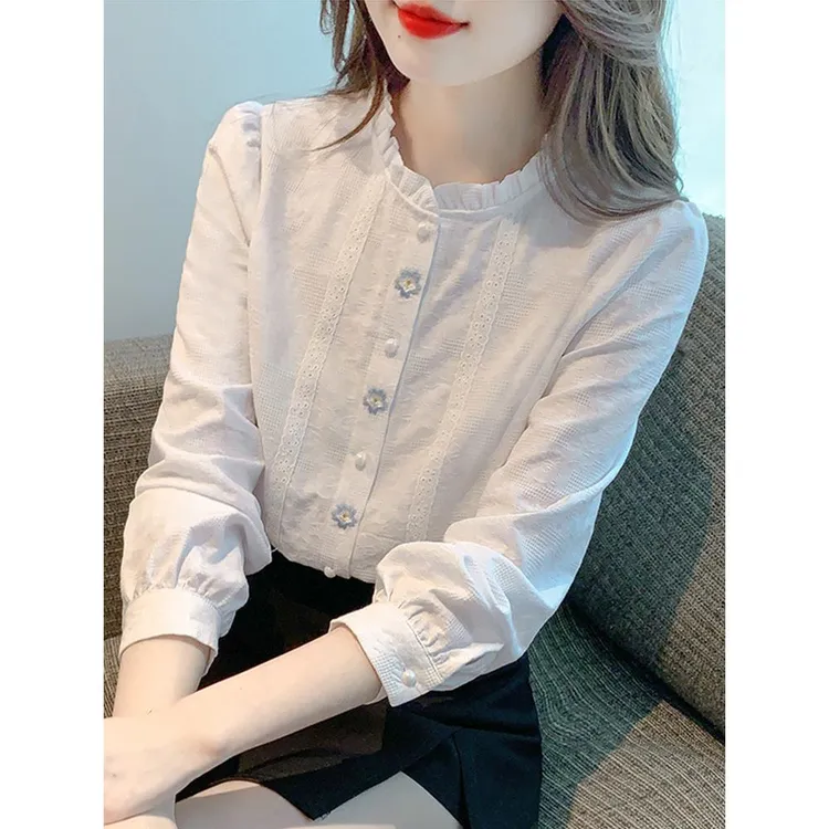 法式立领纯棉衬衫女设计感小众春秋2025新款遮肚打底衫气质上衣