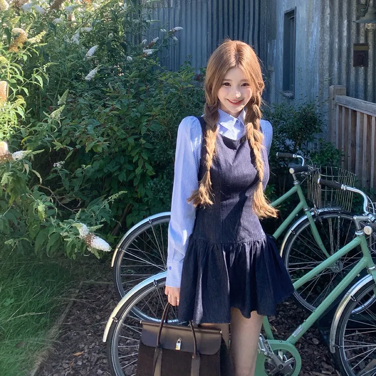 JMSHOP 鬼马女高 学院风原色背心连衣裙条纹衬衫内搭两件套jk套装