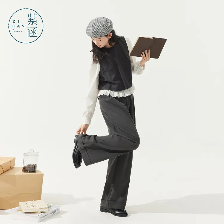 紫涵假两件休闲上衣阔腿长裤两件套装2025秋新款制服Z5Z3JDS557