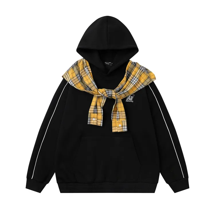 欧美学院风格子拼色披肩假两件连帽卫衣套头美式休闲长袖帽衫情侣