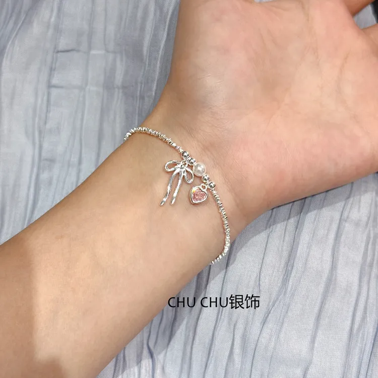 足银合成锆石手链 足银999碎银子纯银手链芭蕾风蝴蝶碎银手链