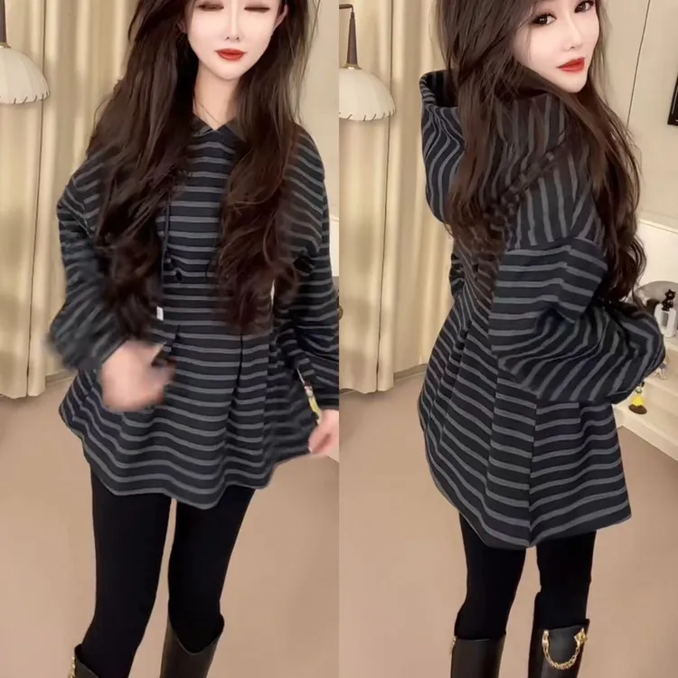 连帽宽松型卫衣常规韩版百搭气质条纹