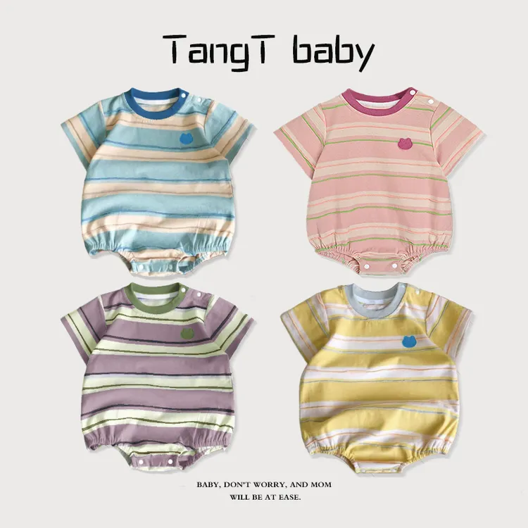 纯棉三角爬男童套头短袖短爬韩版爬服哈衣包屁衣女童婴儿夏季衣服