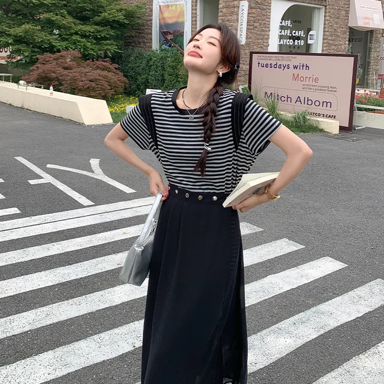 夏季新款条纹T恤网纱裙两件套显瘦气质休闲收腰中长款时尚套装