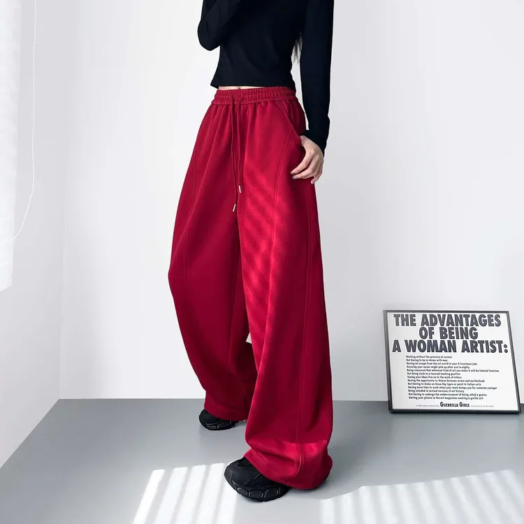 红色高腰垂感慵懒风运动卫裤子女冬季新款大码胖mm显瘦加绒阔腿裤