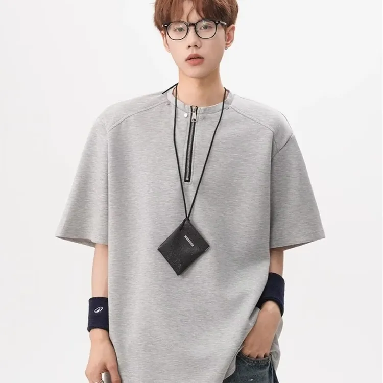 2025夏季美式复古半拉链短袖T恤薄款设计感高级感ins重磅半袖T恤
