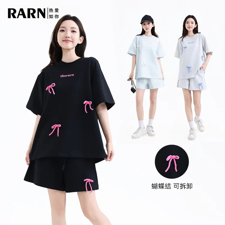  RARN/热爱如你【可拆卸】立体蝴蝶结撞色短袖短裤套装077