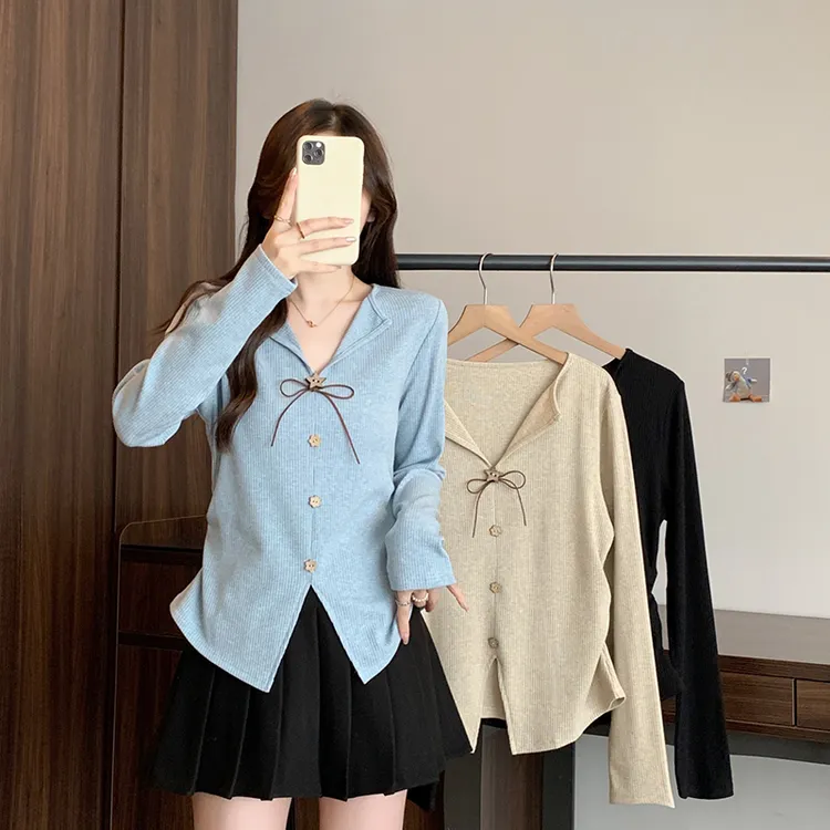 2025秋装新款胖mm大码女韩系甜美蝴蝶结v领显瘦长袖针织上衣A2539