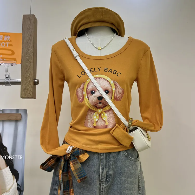 冬季加绒加厚美式复古长袖T恤女圆领设计感小众高级感显瘦上衣