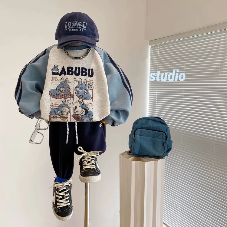 韩国童装上衣2025秋冬款拼色卡通韩版可爱T恤宽松潮男女童卫衣